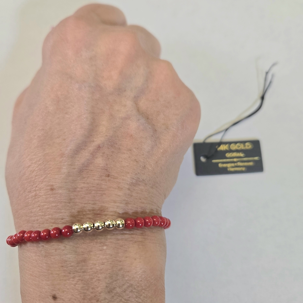 14kt Solid Yellow Gold Genuine Red Coral Bracelet - Picture 5 of 6